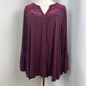 Style Co Top Womens 2X Burgundy Velvet Detail Bell Sleeve‎ Fairy Whimsigoth Boho